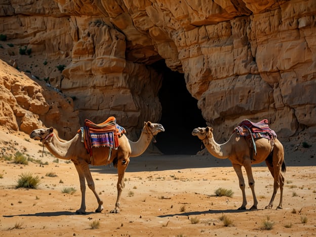 Auf dem Bild sind zwei Kamele in einer Wüstenlandschaft zu sehen, die vor einer Höhle stehen. Abseits des Strandes könnte man hier verschiedene Aktivitäten unternehmen, wie zum Beispiel:1. **Kamelreiten:** Eine traditionelle Methode, die Wüste zu erkunden.2. **Wüstenwanderung:** Erkundung der einzigartigen Flora und Fauna des Wüstengebiets.3. **Besuch von Höhlen:** Entdeckung der Höhle im Hintergrund und ihrer möglichen historischen oder geografischen Bedeutung.4. **Fotografie:** Die beeindruckenden Landschaften und Lichtverhältnisse in der Wüste festhalten.5. **Lagerfeuer in der Wüste:** Ein gemütliches Beisammensein unter dem Sternenhimmel, während man traditionelle Gerichte zubereitet.Diese Aktivitäten bieten eine tolle Möglichkeit, die Schönheit der Wüste zu genießen und etwas über die Kultur der Region zu lernen.