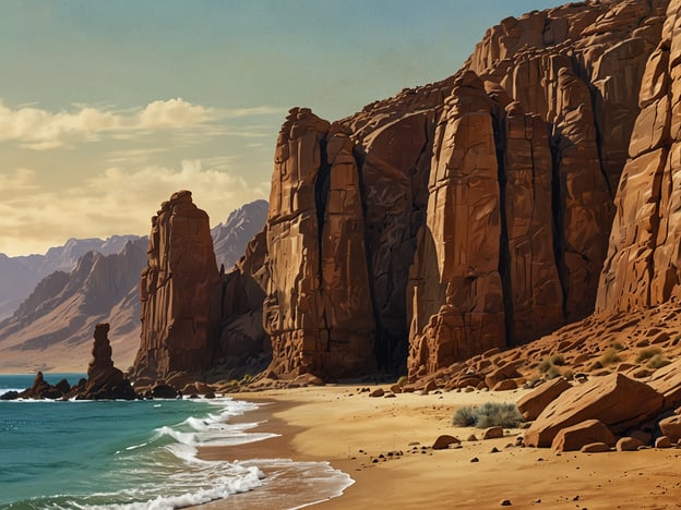 Auf dem Bild sind beeindruckende Felsformationen und eine Küstenlandschaft zu sehen, die an die natürlichen Wunder Algeriens erinnert. Solche Landschaften sind typisch für die Gebirgs- und Küstenregionen in Algerien, wie die Felsen von Tassili n'Ajjer oder die beeindruckenden Strände und Klippen an der Mittelmeerküste. Die Szenerie kombiniert majestätische Berge und das ruhige Wasser des Meeres, was die Schönheit der algerischen Natur widerspiegelt.