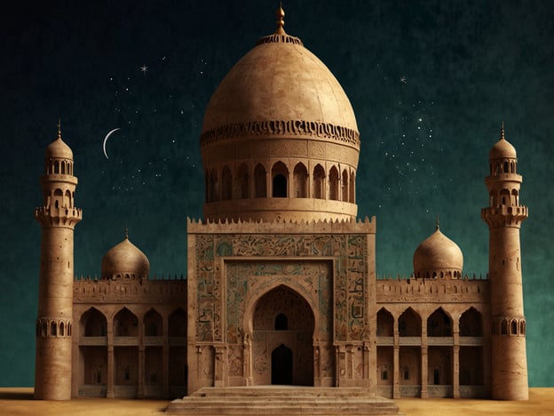 Auf dem Bild ist eine beeindruckende Architektur zu sehen, die stark von islamischen Baukünsten beeinflusst ist. Der hohe, runde Zentralbau mit der Kuppel sowie die Minarette und die filigranen Verzierungen sind typische Merkmale der islamischen Architektur. Diese Stilelemente reflektieren die kulturelle und religiöse Bedeutung der Architektur im Islam, die oft mit Moscheen und religiösen Stätten verbunden ist. Die Verwendung geometrischer Muster und arabesker Designs verstärkt den islamischen Einfluss und symbolisiert eine tiefe Verbindung zur religiösen Identität.