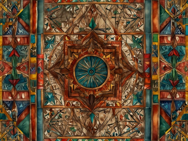 Das Bild zeigt eine kunstvolle Darstellung, die an traditionelle sudanesische Architektur oder künstlerische Ornamente erinnert. Die Verwendung lebendiger Farben und komplexer geometrischer Muster spiegelt die bedeutende kulturelle Tradition des Sudans wider, wo Kunst und Handwerk eine zentrale Rolle spielen.Im Sudan sind Muster und Farben oft in Textilien, Keramiken und architektonischen Details zu finden. Die geometrischen Designs könnten an die ornamentalen Stile der moslemischen Kunst angelehnt sein, die in vielen historischen Gebäuden des Landes präsent sind. Diese Kunstformen haben sich über Jahrhunderte entwickelt und zeigen die reiche Geschichte und Vielfalt der sudanesischen Kultur.