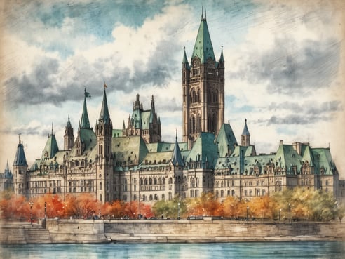 Das Bild zeigt das kanadische Parlamentsgebäude in Ottawa, mit seinen markanten Türmen und der grünen Dachlandschaft. Im Vordergrund ist ein Wasserlauf zu sehen, während bunte Bäume die Umgebung schmücken und eine stimmungsvolle Atmosphäre erzeugen. Der Himmel ist teilweise bewölkt, was dem Bild einen nostalgischen Touch verleiht.