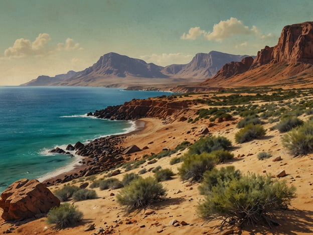 Auf dem Bild ist eine atemberaubende Landschaft mit einem Küstenabschnitt zu sehen, der von majestätischen Bergen umgeben ist. Dieses Szenario lädt zu einer Vielzahl abenteuerlicher Aktivitäten ein, wie zum Beispiel:1. **Wanderungen entlang der Küste** – Die malerischen Wege bieten die Möglichkeit, die Natur hautnah zu erleben.2. **Klettern an den Felsen** – Die beeindruckenden Klippen könnten tolle Herausforderungen für Kletterer darstellen.3. **Schwimmen im klaren Wasser** – Ideal für erfrischende Schwimmabenteuer in der türkisfarbigen See.4. **Wildtierbeobachtungen** – Bei Erkundungstouren kann man vielleicht interessante Tiere und Pflanzen entdecken.5. **Sandboarding** – Auf den sandigen Flächen lässt sich auch das Sandboarden ausprobieren.Diese Aktivitäten könnten einen unvergesslichen Tag im Freien versprechen!