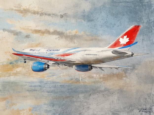 Ein Flugzeug mit roter und blauer Farbgebung ist in der Luft zu sehen, während es in Richtung Kanada fliegt. Die Tragflächen sind sichtbar, und am Heck des Flugzeugs befindet sich ein Blatt-Symbol auf rotem Hintergrund, das auf die kanadische Identität hinweist. Der Himmel ist mit weißen und grauen Wolken durchzogen, was auf einen typischen Flug über einem Himmel hinweist. Wie lange fliegt man nach Kanada.