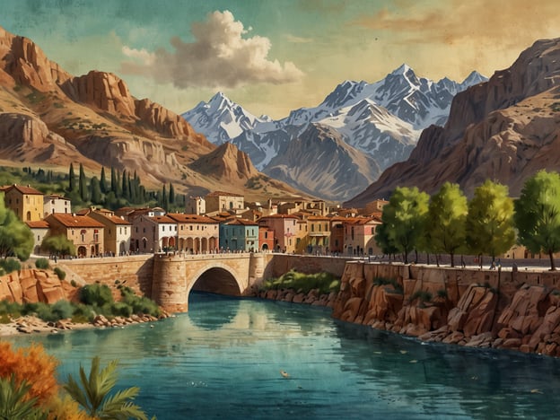 Dschibuti ist ein Land, das für seine beeindruckende Landsvielfalt und geographische Schönheit bekannt ist. Von steilen Bergen bis hin zu weiten Wüsten bietet das Land eine faszinierende Mischung aus Kulturen und Landschaften.Auf dem Bild ist eine malerische Szenerie zu sehen. Im Vordergrund fließt ein ruhiger Fluss, dessen Wasser die umliegende Landschaft widerspiegelt. An den Ufern stehen üppige Bäume und grüne Vegetation. Im Hintergrund erheben sich majestätische Berge, die schneebedeckte Gipfel haben. Eine elegante Steinbrücke verbindet die beiden Ufer des Flusses, und auf der anderen Seite sind charmante Gebäude mit traditioneller Architektur zu erkennen. Die gesamte Szene strahlt eine ruhige und friedliche Atmosphäre aus.