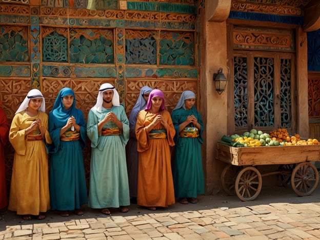 Auf dem Bild sind mehrere Personen in traditionellen, farbenfrohen Gewändern zu sehen, die in einer Reihe stehen. Die Kleidung und die Anordnung der Figuren könnten auf kulturelle und religiöse Traditionen hinweisen, die in Dschibuti verbreitet sind. Dschibuti hat eine reiche kulturelle Vielfalt, die sich aus den Einflüssen von Somalis, Afar und weiteren ethnischen Gruppen zusammensetzt.Im Hintergrund ist eine kunstvoll verzierte Wand zu sehen, die die handwerklichen Fähigkeiten der Region widerspiegelt, während ein Wagen mit frischen Früchten eine Verbindung zur lokalen Landwirtschaft und dem Handel herstellt. Diese Szene könnte die Gemeinschaft und die Traditionen der Menschen in Dschibuti symbolisieren, die stark durch ihre kulturellen Wurzeln geprägt sind.