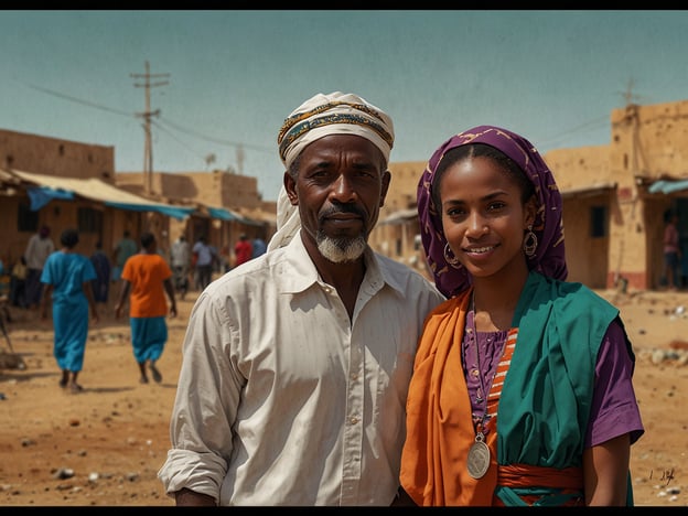 Auf dem Bild sind zwei Personen zu sehen, die wahrscheinlich traditionelle Kleidung tragen, was auf ihre kulturellen Hintergründe hinweist. In Dschibuti ist die Gesellschaft stark von einer Mischung aus afrikanischen, arabischen und französischen Einflüssen geprägt.Dschibuti hat eine reiche kulturelle Diversität, wobei die beiden Hauptgruppen die Afar und die Issa sind. Die Menschen treten oft in farbenfrohen Kleidungsstücken auf, die ihre ethnischen Zugehörigkeiten und kulturellen Traditionen widerspiegeln.In Dschibuti spielt die Familie eine zentrale Rolle im sozialen Leben, und traditionelle Werte sind weiterhin sehr wichtig. Zudem ist die Region historisch bedeutend aufgrund ihrer strategischen Lage am Roten Meer und dem Golf von Aden, was auch kulturelle Einflüsse von außerhalb mit sich gebracht hat.Das Bild vermittelt somit nicht nur die Schönheit der dschibutischen Kultur, sondern auch die Bedeutung von Gemeinschaft und Identität in diesem Land.