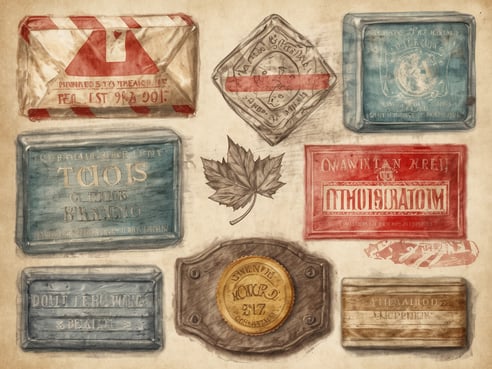 Das Bild zeigt eine Anordnung von verschiedenen alten Etiketten und Verpackungen, die auf eine stilisierte Art dargestellt sind. Im Zentrum befindet sich ein stilisiertes Ahornblatt, das für Kanada steht. Die Etiketten sind in unterschiedlichen Farben und Designs gehalten, einige beinhalten Text in verschiedenen Schriftarten. Die Verpackungen variieren in Größe und Form, wobei einige akzentuierte Ränder und Verzierungen aufweisen. Es sind Begriffe wie autorisiert und andere Beschriftungen sichtbar, die auf eine historische oder kulturelle Bedeutung hinweisen könnten.