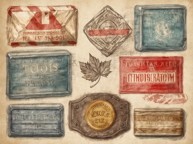 Das Bild zeigt eine Anordnung von verschiedenen alten Etiketten und Verpackungen, die auf eine stilisierte Art dargestellt sind. Im Zentrum befindet sich ein stilisiertes Ahornblatt, das für Kanada steht. Die Etiketten sind in unterschiedlichen Farben und Designs gehalten, einige beinhalten Text in verschiedenen Schriftarten. Die Verpackungen variieren in Größe und Form, wobei einige akzentuierte Ränder und Verzierungen aufweisen. Es sind Begriffe wie autorisiert und andere Beschriftungen sichtbar, die auf eine historische oder kulturelle Bedeutung hinweisen könnten.