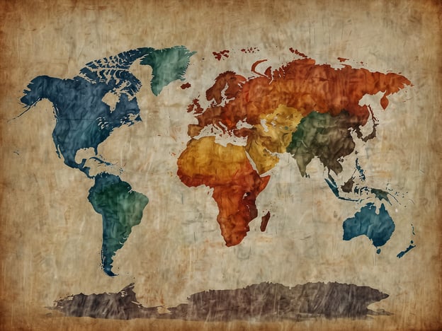 Auf dem Bild ist eine Weltkarte zu sehen, die in verschiedenen Farben dargestellt ist. Diese farbliche Gestaltung könnte Herausforderungen hinsichtlich der genauen geografischen Zuordnung der Länder darstellen, da die Grenzen unklar oder verschwommen wirken.Ein Missverständnis könnte entstehen, wenn jemand denkt, dass die Farben eine spezifische Bedeutung haben, wie politische Zugehörigkeit oder Kultur, was sie jedoch möglicherweise nicht haben. Zudem könnte die Wahl des alten Papierhintergrunds bei einigen Betrachtern den Eindruck erwecken, es handele sich um eine historische Karte, obwohl sie tatsächlich modern gestaltet ist. Solche Interpretationen können zu Verwirrung führen und beeinflussen, wie das Bild wahrgenommen wird.