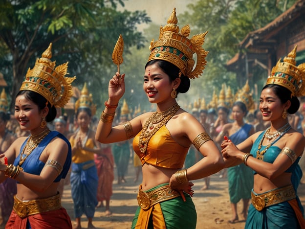 Auf dem Bild sind Frauen zu sehen, die in traditioneller Kleidung tanzen. Diese Darbietung könnte Teil eines kulturellen Festivals oder einer Feier sein. Solche Tänze sind oft tief in der Geschichte und Tradition verwurzelt und spielen eine wichtige Rolle bei den Feierlichkeiten in vielen asiatischen Kulturen, insbesondere in Ländern wie Thailand oder Indonesien.Die kunstvollen Kostüme, die üppigen Kopfbedeckungen und die ausdrucksvollen Bewegungen spiegeln die kulturellen Werte und die Ästhetik der jeweiligen Tradition wider. Tänze wie dieser werden häufig genutzt, um Geschichten aus der Mythologie oder die Einweihung von Festen darzustellen. Sie bringen Gemeinschaften zusammen und fördern das Bewusstsein für das kulturelle Erbe. Solche Veranstaltungen sind auch eine Form der Bewahrung der Tradition und ermöglichen es den Menschen, ihre Identität und Geschichte zu feiern und weiterzugeben.