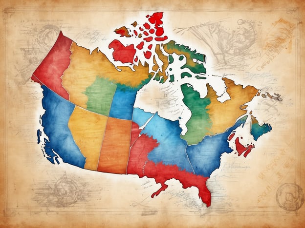 Die Karte zeigt Kanada und ist in verschiedene farbige Regionen unterteilt. Jede Region hat eine unterschiedliche Farbe, die von Blau über Rot bis zu Gelb und Grün reicht. Der Kartenhintergrund ist alt und wirkt wie Pergament, was der Darstellung einen historischen Charakter verleiht. Um die Karte herum sind schwache Skizzen und Notizen zu sehen, die den Eindruck von historischen Entdeckungen oder Seefahrtskarten verstärken. Kanada hat insgesamt sechs Zeitzonen.