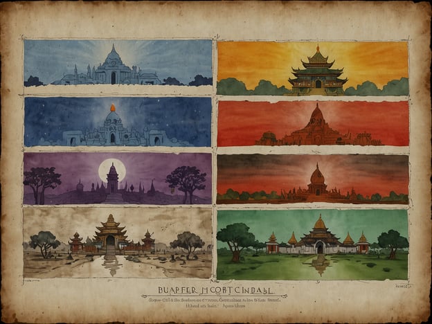Das Bild zeigt eine Reihe von stilisierten Tempeln und spirituellen Stätten in verschiedenen Farben und Szenarien, die möglicherweise unterschiedliche Tageszeiten oder Atmosphären darstellen. Diese darstellerische Vielfalt spiegelt die reichhaltige religiöse und kulturelle Landschaft wider, die oft mit Glauben und Spiritualität verbunden ist.Jeder Tempel könnte für unterschiedliche Glaubensrichtungen oder spirituelle Praktiken stehen, wobei die Scheinwerfer des Lichts symbolisch für Erleuchtung und das Streben nach innerem Frieden stehen. Die verschiedenen Farben und Stimmungen erzeugen eine meditative Atmosphäre, die zur Reflexion über die eigene Spiritualität einlädt. Es ist eine Aufforderung, die Vielfalt des Glaubens zu erkunden und die tiefere Bedeutung hinter den architektonischen Meisterwerken zu erkennen.