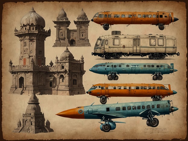 Auf dem Bild sind künstlerische Darstellungen von historischen, architektonischen Gebäuden und verschiedenen Transportmitteln, hauptsächlich Flugzeugen und Panzerwagen. Die Türme mit den Kuppeln und den kunstvollen Verzierungen erinnern an traditionelle indische Architektur, die oft in Regionen wie Rajasthan zu finden ist. Die Transportfahrzeuge sind nostalgisch und vermitteln ein Gefühl von vergangener Zeit.**Reiseinfos und Tipps:**1. **Besuche historische Stätten:** Wenn du eine Reise nach Indien planst, sind Orte wie Jaipur oder Udaipur empfehlenswert. Dort kannst du beeindruckende Paläste und Festungen erkunden.2. **Transportmittel:** Bei der Auswahl von Transportmitteln in fremden Ländern ist es ratsam, sich im Voraus über lokale Optionen zu informieren. In Indien sind Züge eine beliebte und oft malerische Möglichkeit, von Stadt zu Stadt zu reisen. Achte darauf, Tickets im Voraus zu buchen, besonders in der Hochsaison.3. **Architektur erkunden:** Plane Zeit ein, um die Unterschiede zwischen traditioneller und moderner Architektur zu erleben. Jeder Stadt hat ihre eigenen einzigartigen Stilrichtungen, die oft viel über die Geschichte und Kultur des Landes erzählen.4. **Kulturelle Veranstaltungen:** Informiere dich über lokale Festivals oder Märkte, die du besuchen kannst. Dies bietet eine tolle Möglichkeit, in die Kultur einzutauchen und die Atmosphäre besser zu erleben.5. **Essen probieren:** Probiere lokale Köstlichkeiten, um ein vollständiges Reiseerlebnis zu haben. Indische Küche ist vielfältig und die Aromen sind unvergesslich.Plane deine Reise gut und genieße die schöne Mischung aus Geschichte und moderner Kultur!
