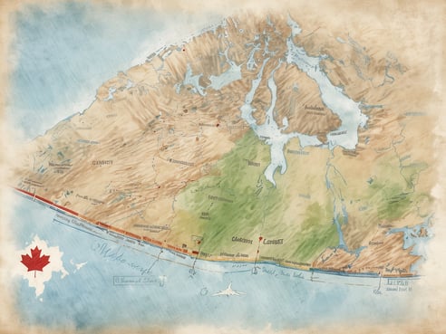Eine künstlerische Karte eines Gebiets in Kanada, die Berge, Gewässer und Orte zeigt. Im unteren linken Bereich ist eine kleine kanadische Flagge abgebildet. Die Karte ist in sanften Erdtönen gehalten und zeigt Details wie Flüsse und Siedlungen, die teilweise in verschiedenen Schriftarten beschriftet sind. Die gesamte Darstellung vermittelt einen historischen und geografischen Eindruck des ausgewählten kanadischen Territoriums. Wie weit ist Kanada von Deutschland entfernt.