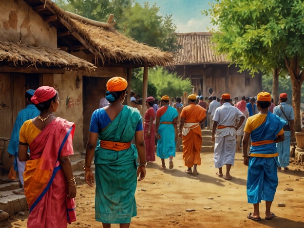 Auf dem Bild sind mehrere Menschen zu sehen, die in einem ländlichen Umfeld mit traditionellen Kleidern herumlaufen. Die Frauen tragen bunte Saris, die lebendige Farben und Muster zeigen, während die Männer ebenfalls in farbenfrohen Gewändern gekleidet sind. Diese Kleider spiegeln oft kulturelle Traditionen und Festlichkeiten wider.Die Szenerie vermittelt ein Gefühl von Gemeinschaft und Tag des Festes, da viele Menschen zusammenkommen, möglicherweise zu einer Veranstaltung oder Feier. Die Art der Gebäude, mit Strohdächern und einfachen Wänden, deutet auf ein ländliches Leben hin, bei dem die Menschen in enger Verbindung zur Natur und zueinander leben.Solche Darstellungen sind typisch für das lokale Leben in vielen Kulturen, wo Feste und gemeinschaftliche Aktivitäten eine zentrale Rolle spielen. Der Weg, den sie entlanggehen, könnte ein Treffpunkt sein, an dem sich die lokale Bevölkerung versammelt, um Traditionen zu pflegen und soziale Bindungen zu stärken.