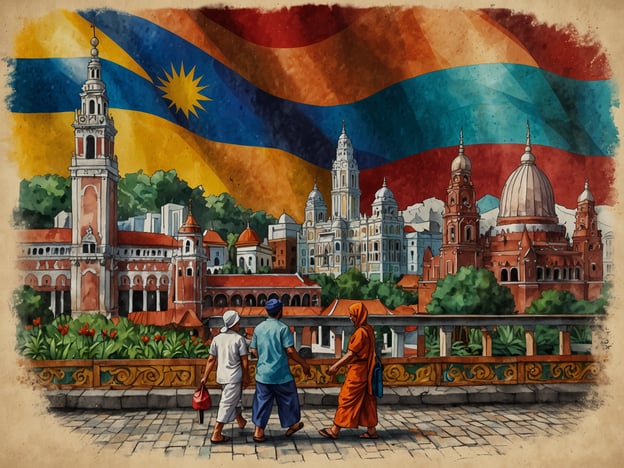 Das Bild zeigt eine malerische Ansicht von Kuala Lumpur, der Hauptstadt Malaysias, mit einem Hintergrund, der die Vielfalt der Kulturen des Landes symbolisiert. Im Vordergrund sind drei Personen zu sehen, die durch eine landschaftliche Szene gehen, umgeben von historischen Gebäuden, die verschiedene architektonische Stile repräsentieren.Im Hintergrund wehen die Flaggen Malaysias und der Bundesstaaten, was die multikulturelle Gesellschaft des Landes unterstreicht. Diese Vielfalt zeigt sich in der Architektur und den verschiedenen Traditionen, die in Malaysia zusammenkommen. Die Darstellung vermittelt ein Gefühl von Gemeinschaft und Harmonie unter den unterschiedlichen Kulturen, die Malaysia prägen.