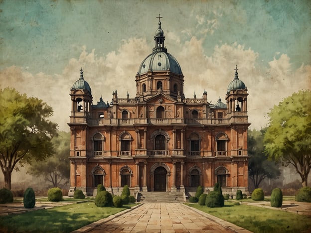 Auf dem Bild ist ein beeindruckendes Gebäude zu sehen, das eine historische und architektonische Bedeutung ausstrahlt. Die Fassade ist kunstvoll gestaltet und weist Merkmale des Barock oder des Historismus auf, mit eleganten Bögen, reich verzierten Fenstern und geschwungenen Formen. Die Kuppeln auf dem Dach sind typisch für diese Epochen und verleihen dem Bauwerk eine majestätische Präsenz.Der umgebende Garten mit gepflegten Hecken und Bäumen vermittelt ein Gefühl von Harmonie und lädt zu einem Bummel ein. Dieses Gebäude könnte einst eine bedeutende gesellschaftliche Funktion erfüllt haben, etwa als Stadtpalais, Kulturinstitution oder Kirche, und steht als Zeugnis der Zeit der architektonischen Pracht, die den Einfluss von Stil und Design in der Vergangenheit widerspiegelt.