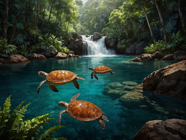 Auf dem Bild sind Schildkröten in einem klaren, türkisfarbenen Wasser zu sehen, das von üppiger tropischer Vegetation umgeben ist. Diese Szene könnte perfekt für abenteuerlustige Aktivitäten in Malaysia sein:1. **Schnorcheln**: Entdecke die farbenfrohe Unterwasserwelt und schwimme mit Schildkröten.2. **Wanderungen im Dschungel**: Erkunde die tropischen Wälder und entdecke versteckte Wasserfälle.3. **Kayakfahren**: Paddel durch die ruhigen Gewässer und genieße die Natur rundherum.4. **Wildlife-Touren**: Beobachte verschiedene Tierarten in ihren natürlichen Lebensräumen.5. **Naturfotografie**: Halte die Schönheit der Landschaft und der Tiere in beeindruckenden Bildern fest.Malaysia bietet viele Möglichkeiten für Abenteuer und Naturerlebnisse!