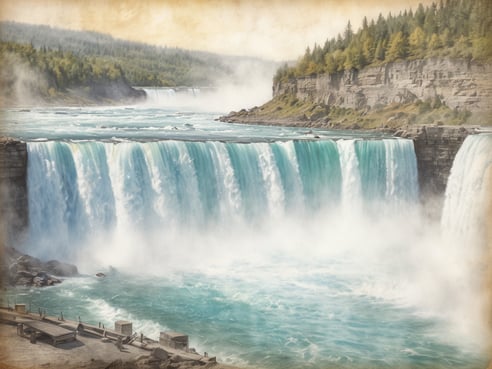 Die prachtvollen Niagarafälle präsentieren sich in beeindruckender Weise mit herabstürzendem Wasser, das in leuchtenden Türkistönen schimmert. Umgeben von dichten Wäldern und einer dramatischen Felsenküste entsteht eine unvergleichliche Naturlandschaft. Der Nebel, der sich über den Wasserfällen erhebt, verstärkt die majestätische Ausstrahlung dieses spektakulären Naturwunders. Besucher können am Fuße der Fälle stehen und die beeindruckende Kraft des Wassers hautnah erleben. Die Niagarafälle zählen zu den Must-See-Attraktionen in Kanada.
