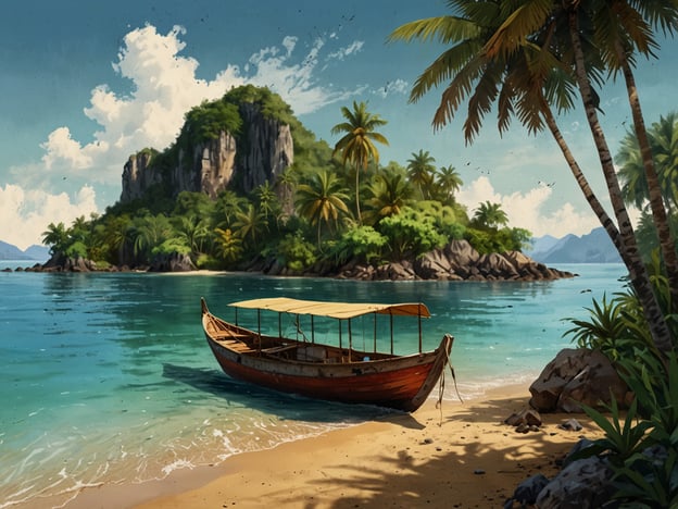 Auf dem Bild ist eine idyllische Szenerie zu sehen, die eine ruhige Bucht mit einem traditionellen Boot an einem Strand zeigt. Umgeben von üppigen Palmen und grünen Hügeln vermittelt die Landschaft ein Gefühl von tropischer Ruhe und Abgeschiedenheit.Island Hopping in Indonesien ist eine faszinierende Möglichkeit, die Schönheit dieses Archipels zu entdecken. Mit über 17.000 Inseln bietet Indonesien eine Vielzahl von atemberaubenden Landschaften, von weißen Sandstränden und kristallklarem Wasser bis hin zu atemberaubenden Vulkanen und dichten Dschungeln. Beliebte Ziele für Inselhopping sind unter anderem die Gili-Inseln, Komodo und die Raja Ampat-Inseln. Hier können Besucher die einzigartige Kultur, die vielfältige Tierwelt und die spektakulären Unterwasserlandschaften genießen. Egal, ob man schnorcheln, tauchen oder einfach nur entspannen möchte, Indonesien hat für jeden etwas zu bieten.