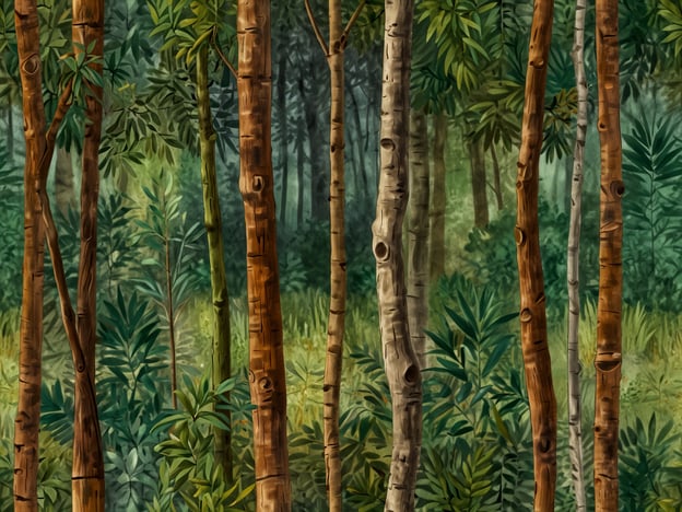 Auf dem Bild sind verschiedene Baumstämme in einem dichten Wald zu sehen. Die Farben und Texturen der Stämme unterscheiden sich, was auf eine Vielfalt von Baumarten hindeutet. Diese Vielfalt spielt eine wichtige Rolle für die Ökosysteme und die Biodiversität.Im Sinne der Nachhaltigkeit ist es entscheidend, solche natürlichen Lebensräume zu schützen und verantwortungsbewusst mit den Ressourcen umzugehen. Der Respekt für die Kultur der indigenen Völker, die in und mit diesen Wäldern leben, ist ebenfalls von großer Bedeutung, da sie oft über tiefes Wissen und eine harmonische Beziehung zur Natur verfügen. Der Erhalt solcher Landschaften fördert nicht nur die Umwelt, sondern unterstützt auch die kulturelle Vielfalt.