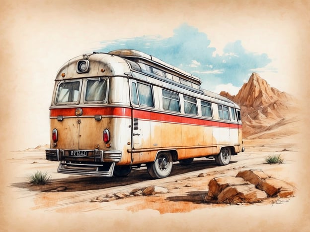 Das Bild zeigt einen nostalgischen Reisebus, der in einer trockenen, wüstenähnlichen Landschaft steht. Hier sind verschiedene Themenbereiche, die man betrachten kann:
1. **Fahrzeug**: Der Bus hat eine auffällige Farbgebung mit rot und beige und wirkt vintage, was Erinnerungen an vergangene Reiseziele und Abenteuer wecken kann.
2. **Landschaft**: Die Umgebung ist geprägt von sandigen Böden, vereinzelten Pflanzen und beeindruckenden Felsformationen im Hintergrund. Diese Elemente vermitteln ein Gefühl von Weite und Einsamkeit.
3. **Stimmung**: Insgesamt strahlt das Bild eine nostalgische und abenteuerliche Atmosphäre aus, die dazu einlädt, über Reisen und Freiheit nachzudenken.
4. **Kunststil**: Der gezeichnete Stil des Bildes verleiht ihm eine künstlerische Note, die sowohl realistisch als auch illustrativ wirkt.
Diese verschiedenen Themenbereiche tragen zur Gesamtwirkung des Bildes bei und wecken unterschiedliche Assoziationen beim Betrachter.