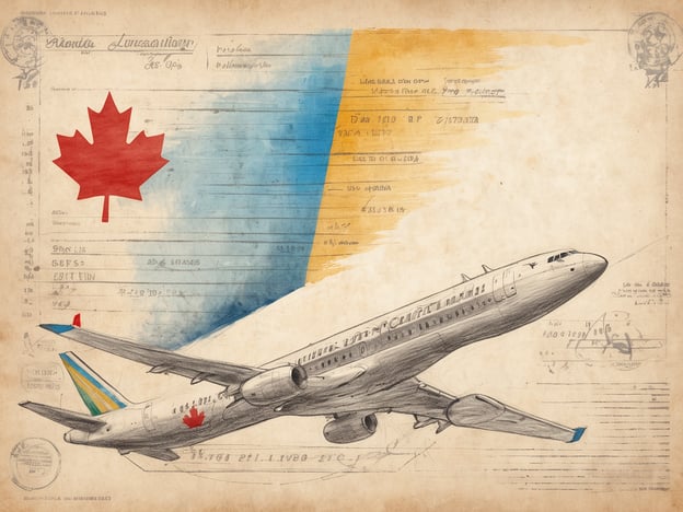 Ein Flugzeug fliegt in Richtung Betrachter und trägt eine kanadische Flagge auf dem Rumpf. Im Hintergrund sind schematische Zeichnungen und handschriftliche Notizen zu sehen, die an ein altes Dokument erinnern. Über dem Flugzeug ist ein großer roter Ahornblatt, das Symbol Kanadas. Die Farbpalette umfasst sanfte Blau- und Gelbtöne, die einen Himmel darstellen könnten, während der Hintergrund beige und strukturiert ist, was einen nostalgischen Effekt erzeugt. Was kostet ein Flug nach Kanada?