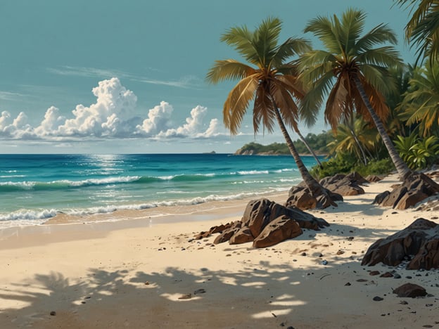 Auf dem Bild ist ein malerischer Strand zu sehen, der von Palmen und Felsen umrahmt ist. Die Szenerie erinnert an einige der schönsten Strände der Philippinen, wie zum Beispiel:- **White Beach auf Boracay**: Bekannt für seinen feinen, weißen Sand und türkisfarbenes Wasser.- **El Nido in Palawan**: Berühmt für seine beeindruckenden Kalksteinformationen und klaren Lagunen.- **Nacpan Beach**: Ein ruhiger und weniger belebter Strand mit atemberaubender Landschaft.Die friedliche Atmosphäre und die schöne Natur des Bildes spiegeln die tropische Schönheit wider, die viele Strände der Philippinen bieten.