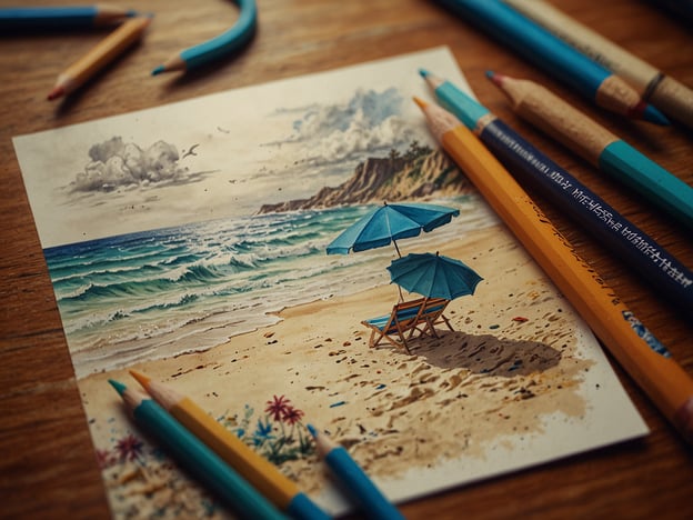 Auf dem Bild ist eine zeichnerische Darstellung eines Strandes zu sehen. Es zeigt einen sonnigen Strand mit einem Liegestuhl und einem Sonnenschirm, umgeben von sanften Wellen und einer malerischen Küstenlandschaft. Rund um die Zeichnung liegen Buntstifte.Hier sind einige Tipps für deinen Strandurlaub:1. **Sonnenschutz**: Vergiss nicht, Sonnencreme mit hohem Schutzfaktor einzupacken, um dich vor Sonnenbrand zu schützen.2. **Wasser und Snacks**: Halte dich hydratisiert und bringe gesunde Snacks mit.3. **Liegen und Schirme**: Sorgen für gemütlichen Schatten und eine bequeme Liegefläche am Strand.4. **Unterhaltungsangebote**: Packe ein Buch oder Spiele ein, um die Zeit am Strand zu genießen.5. **Reisegepäck**: Achte darauf, alles gut zu organisieren und leicht zu transportieren.Viel Spaß und eine entspannende Zeit am Strand!
