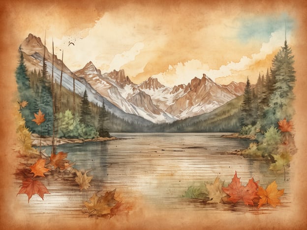Das Bild zeigt eine idyllische Landschaft mit einem ruhigen See, der von majestätischen Bergen umgeben ist. Am Ufer sind bunte Herbstblätter zu sehen, die das Bild mit warmen Farben bereichern. Der Himmel ist in sanften Orange- und Blautönen gehalten, was eine friedliche Stimmung erzeugt. Typisch für Kanada sind die eindrucksvollen Gebirgszüge, die sich im Hintergrund erheben, sowie die dichten Wälder, die die Uferlinie säumen. Solche Landschaften sind charakteristisch für Kanadas natürliche Schönheit.