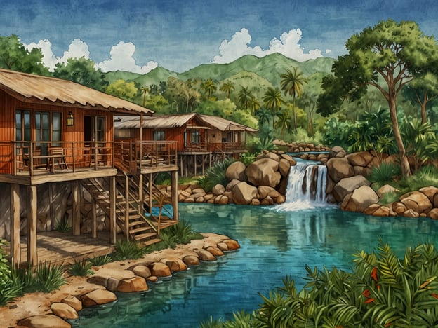 Auf dem Bild sind Holzbungalows zu sehen, die sich in einer idyllischen, naturnahen Umgebung befinden. Es gibt einen kleinen Wasserfall und einen klaren Fluss, der durch die Landschaft fließt. Die Umgebung ist grün und tropisch, was auf die natürliche Schönheit der Philippinen hinweist.Nachhaltiger Tourismus auf den Philippinen könnte in einem solchen Setting gefördert werden, indem man umweltfreundliche Unterkünfte nutzt, lokale Gemeinschaften unterstützt und die natürliche Umgebung bewahrt. Diese Art von Tourismus hilft, wertvolle Ökosysteme zu schützen und gleichzeitig Besuchern ein authentisches Erlebnis der philippinischen Natur und Kultur zu bieten.