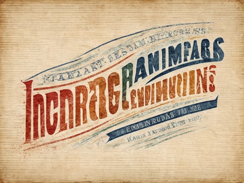 Ein farbenfrohes grafisches Design auf beige Hintergrund, das verschiedene Wörter in unterschiedlichen Schriftarten und Größen anordnet. Die Begriffe umfassen "Incarnador", "animar", "lendimuciones" und weitere Worte in einer künstlerischen Anordnung. Die Farben reichen von Rot über Blau bis zu Grün, und die Komposition vermittelt einen dynamischen und nostalgischen Eindruck.