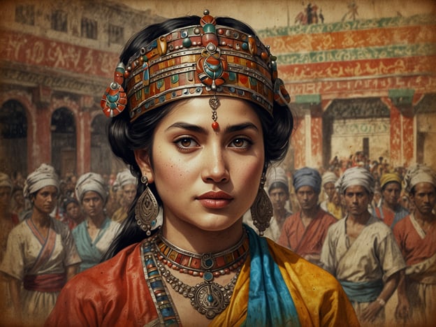 Auf dem Bild ist eine Frau zu sehen, die in traditioneller indischer Kleidung gekleidet ist, mit prächtigen Schmuckstücken, die kulturelle Vielfalt Indiens widerspiegeln. Ihr auffälliges Outfit und die Schmuckdetails sind typisch für die reiche und vielfältige Kultur des Landes, in dem viele verschiedene Ethnien, Sprachen und Traditionen coexisitieren.Im Hintergrund erkennt man eine Vielzahl von Menschen in unterschiedlichen Trachten, was die Vielfalt der Kulturen in Indien unterstreicht. Indien ist bekannt für seine lebendige Festkultur, die zahlreiche Feste, Rituale und regionale Bräuche umfasst, die sich je nach Region und Gemeinschaft stark unterscheiden können. Dieses Bild könnte also eine Feier oder ein wichtiges Ereignis darstellen, das die kulturelle Zusammensetzung des Landes hervorhebt.