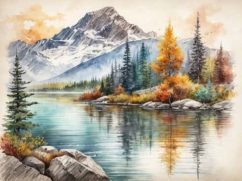 Auf dem Bild sieht man eine malerische Landschaft in Kanada. Im Vordergrund erstreckt sich ein ruhiger See, der die lebhaften Farben der umliegenden Bäume widerspiegelt. Es gibt grüne Nadelbäume und einige Laubbäume, die in warmen Herbsttönen von Gelb und Orange leuchten. Im Hintergrund erhebt sich eine majestätische Bergkette mit schneebedeckten Gipfeln. Der Himmel zeigt sanfte Pastellfarben, die auf einen Sonnenuntergang hindeuten. Dieses Bild vermittelt eine friedliche und natürliche Atmosphäre, die typisch für die kanadische Wildnis ist.