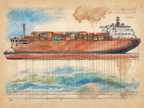 Ein großes Containerschiff ist in einer künstlerischen Darstellung zu sehen. Es trägt zahlreiche bunte Container auf dem Deck und ist teilweise in Wasser eingetaucht. Im Hintergrund sind angedeutete Wellen und Landformen sichtbar, die das maritime Thema unterstreichen. Der Hintergrund ist in sanften Blau- und Brauntönen gehalten, während der Schiffsrumpf eine orange-braune Farbe hat. Die gesamte Komposition vermittelt einen klassischen, technischen Stil.