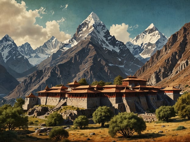 Nepal ist ein Land von atemberaubender Schönheit, geprägt von majestätischen Bergen, tiefgründigen Tälern und faszinierender Kultur. In diesem Bild sehen wir ein beeindruckendes Bauwerk, das sich malerisch in einer idyllischen Landschaft befindet.Umgeben von schneebedeckten Gipfeln und dramatischen Bergketten scheint das Gebäude ein traditionelles nepalesisches Kloster oder Palast zu sein. Die Architektur zeichnet sich durch gewölbte Dächer und kunstvoll gestaltete Balkone aus, die harmonisch in die natürliche Umgebung eingebettet sind. Grünes Gras und vereinzelte Bäume verleihen der Szenerie eine friedliche und einladende Atmosphäre. Dieses Bild symbolisiert die Verbindung zwischen der atemberaubenden Natur und der reichen Kultur Nepals.