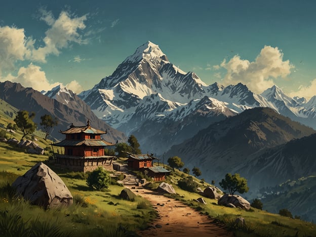 Auf dem Bild sind majestätische Berge zu sehen, die an die beeindruckende Landschaft in Nepal erinnern. In der Umgebung gibt es traditionelle Hütten, die mit der Natur harmonieren.Wenn du an den besten Trekkingrouten in Nepal interessiert bist, sind einige der bekanntesten Routen:1. **Everest Base Camp Trek**: Diese Route bietet atemberaubende Ausblicke auf den höchsten Gipfel der Welt und führt durch malerische Dörfer.2. **Annapurna Circuit**: Ein Klassiker unter den Trekkingrouten, der dich durch verschiedene Klimazonen und Kulturen führt.3. **Langtang Valley Trek**: Weniger besucht, aber gleichzeitig schön, mit prächtigen Ausblicken und einer reichen Tierwelt.4. **Gosaikunda Trek**: Berühmt für seine heiligen Seen und die herrliche Berglandschaft.5. **Manaslu Circuit**: Eine weniger frequentierte Route, ideal für Abenteuerlustige, mit großartigen Ansichten und kulturellen Erlebnissen.Diese Routen bieten eine einzigartige Möglichkeit, die beeindruckende Natur und Kultur Nepals zu erleben!