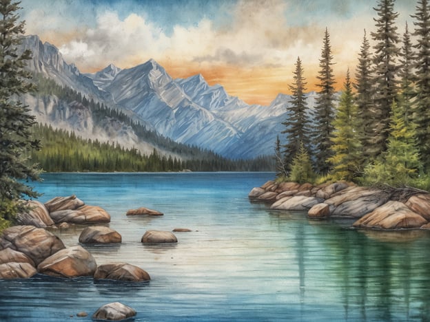 Eine malerische Landschaft zeigt einen ruhigen See mit klarem, blauen Wasser, umgeben von hohen Bergen und üppigen Nadelbäumen. Im Hintergrund sind die Gipfel der Berge zu sehen, deren Spitzen vom Sonnenlicht beleuchtet werden und einen sanften Farbverlauf vom blauen Himmel zum orangefarbenen Sonnenuntergang aufweisen. Steine am Ufer des Sees reflektieren das Licht und die klare Wasseroberfläche. Die Szenerie vermittelt ein Gefühl von Ruhe und natürlicher Schönheit, das typisch für die kanadische Landschaft ist. Wie viele Seen hat Kanada?