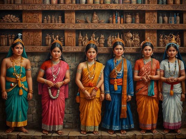 Auf dem Bild sind sechs Frauen in traditionellen indischen Kleidern zu sehen, die in verschiedenen lebhaften Farben gestylt sind. Diese gewandspezifischen Kleidungstücke, wie Sari und Lehenga, spiegeln die Vielfalt der indischen Kultur und Tradition wider.Die Farben und das Design ihrer Gewänder sind oft mit bestimmten Festen und Feierlichkeiten verbunden, die eine zentrale Rolle in der indischen Gesellschaft spielen. Zum Beispiel könnte die Auswahl der Farben und Schmuckstücke auf eine Feier wie das Fest Diwali oder eine Hochzeitszeremonie hindeuten, wo die Menschen in besonderer Kleidung erscheinen, um das Event zu zelebrieren.Im Hintergrund sind Regale dekoriert, möglicherweise mit traditionellen Handwerkskunst oder Ritualgegenständen, die das reiche kulturelle Erbe Indiens symbolisieren. Solche Darstellungen heben die Bedeutung von Gemeinschaft und Tradition hervor, die in vielen indischen Festen und Zeremonien eine große Rolle spielt.