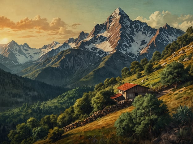 Auf dem Bild ist eine idyllische Landschaft mit majestätischen Bergen und einer malerischen Hütte zu sehen. Die sanften Hügel und die zahlreichen Bäume zeugen von einer natürlichen Schönheit, die uns daran erinnert, wie wichtig es ist, die Umwelt zu schützen und zu bewahren.Die respektvolle Interaktion mit der Natur ist entscheidend, um diese atemberaubende Landschaft für zukünftige Generationen zu erhalten. Eine nachhaltige Lebensweise, die im Einklang mit der Natur steht, hilft nicht nur, die Biodiversität zu bewahren, sondern auch, die Schönheit dieser Landschaften zu schützen. Solche Orte ermutigen uns, achtsamer mit unseren Ressourcen umzugehen und die Natur zu schätzen.