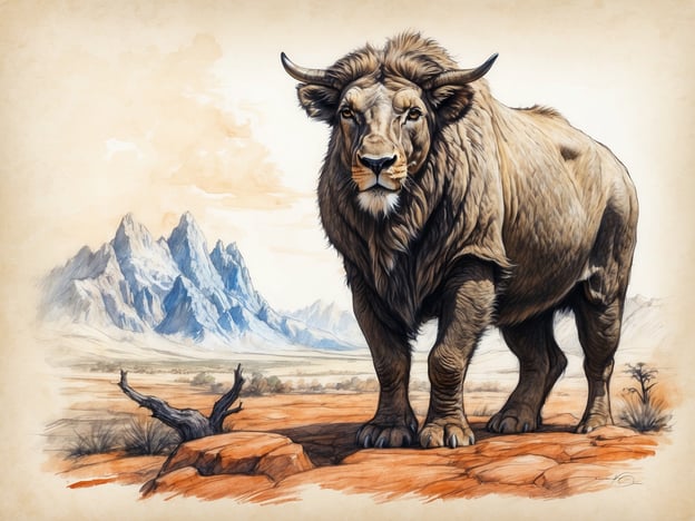 Auf dem Bild ist ein majestätisches Tier abgebildet, das an einen großen Löwen erinnert, aber mit Merkmalen eines wilden Stiers. Die Kulisse zeigt beeindruckende Berge und eine weite, trockene Landschaft.
Die Hauptattraktionen des Parks könnten hier die Tierbeobachtungen in der Savanne, die beeindruckenden Berglandschaften sowie spezielle Ausstellungen über die Tierwelt der Region sein. Besucher könnten auch interessante Informationen über die verschiedenen Arten und ihre Lebensräume erfahren.