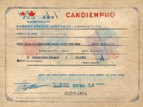 Das Bild zeigt ein altes Visum oder Einreiseformular für Kanada. Es enthält verschiedene Texte in unterschiedlichen Farben sowie Stempel und Unterschriften. Auf dem Dokument sind Symbole und Verzierungen sichtbar, darunter das Ahornblatt, das oft mit Kanada assoziiert wird. Die Schrift ist teilweise unleserlich, aber es sind Bezeichnungen wie "CANDIEMPIO" und "D. CANADA GRME" erkennbar. Der Hintergrund hat eine vergilbte und leicht texturierte Oberfläche.