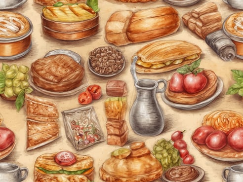 Auf dem Bild sind verschiedene Speisen und Lebensmittel zu sehen, die vielfältig angeordnet sind. Es gibt Brote, Kekse und süße Leckereien sowie frisches Obst wie Äpfel und Trauben. Zudem sind verschiedene Arten von Desserts und herzhaften Snacks abgebildet, die eine bunte und appetitliche Auswahl zeigen. Diese Lebensmittel könnten typische Speisen sein, die Deutsche in Kanada vermissen, da sie besondere regionale Geschmäcker und Traditionen repräsentieren.
