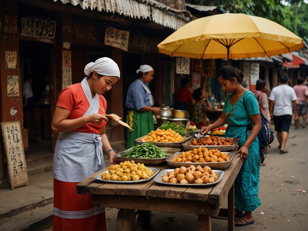 Auf dem Bild ist ein lebendiger Markt zu sehen, wahrscheinlich in einer asiatischen Stadt, wo frische Lebensmittel und Snacks angeboten werden. Es gibt Stände mit verschiedenen Obst- und Gemüsesorten, und die Verkäuferinnen scheinen mit dem Vorbereiten und Verkaufen beschäftigt zu sein.**Reisetipps und Empfehlungen:**1. **Lokale Märkte besuchen:** Suche dir während deiner Reise lokale Märkte aus. Hier kannst du frische, regionale Produkte entdecken und die Kultur hautnah erleben.2. **Straßenessen probieren:** Trau dich, die Streetfood-Stände auszuprobieren. Oft gibt es leckere und authentische Gerichte, die du in Restaurants nicht bekommst.3. **Mit Einheimischen sprechen:** Nutze die Gelegenheit, mit den Verkäufern ins Gespräch zu kommen. Sie können dir interessante Informationen über die Lebensmittel und die lokale Küche geben.4. **Frühe Besuche:** Geh früh zum Markt, um die größte Auswahl an frischen Produkten zu haben und die Atmosphäre ohne große Menschenmengen zu genießen.5. **Kochkurse:** Wenn du an der lokalen Küche interessiert bist, schaue, ob es Kochkurse in der Nähe gibt, bei denen du lernen kannst, wie man die frisch gekauften Zutaten zubereitet.Viel Spaß beim Entdecken!
