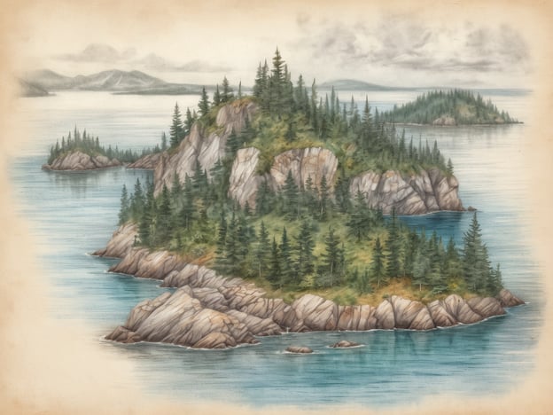 Eine ruhige Küstenlandschaft mit mehreren kleinen Inseln ist zu sehen. Eine der Inseln ist mit dichten, grünen Wäldern bedeckt, während die Ufer aus grauen Felsen bestehen. Das Wasser ist in sanften Blautönen gehalten und spiegelt die Wolken am Himmel wider. Im Hintergrund sind weitere Berge und Inseln erkennbar. Kanada hat mehr als zwei Millionen Inseln.