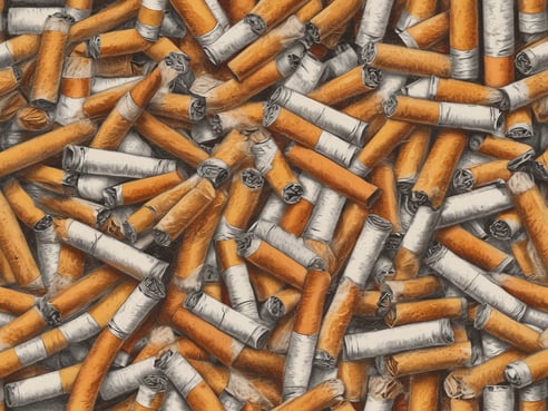 Auf dem Bild sind viele Zigaretten zu sehen, die dicht nebeneinander liegen. Die Zigaretten haben orangefarbene und weiße Verfärbungen, typisch für handelsübliche Zigaretten. Der Hintergrund zeigt die Zigarettenansammlung aus verschiedenen Perspektiven, was einen chaotischen, aber auch interessanten Anblick erzeugt. Was kosten Zigaretten in Kanada?