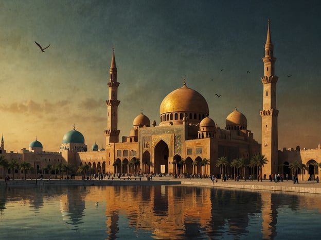 Auf dem Bild ist eine beeindruckende islamische Architektur zu sehen, die möglicherweise an die reiche Geschichte des Irak erinnert. Die Architektur weist typische Merkmale islamischer Baukunst auf, wie die großen Kuppeln, den Minarettturm und die kunstvollen Verzierungen.Der Irak, insbesondere die Region um Bagdad, war im Mittelalter ein Zentrum des Wissens und der Kultur. Die Stadt war Heimat vieler wichtiger Gelehrter und Künste, die die islamische Zivilisation prägten. Die dargestellte Architektur könnte Symbolik für das goldene Zeitalter des Islams darstellen, als Wissenschaft, Philosophie und Kunst florierten.Die Reflexion im Wasser verstärkt die ästhetische Schönheit des Anblicks und könnte auf die spirituelle Verbindung hinweisen, die viele Muslime zur Architektur ihrer Glaubensstätte fühlen.