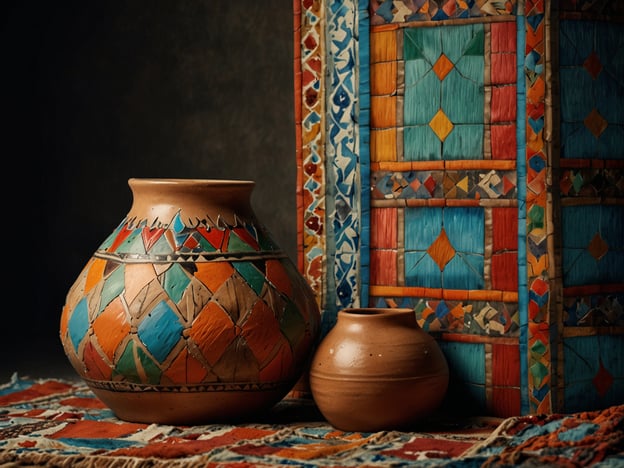 Auf dem Bild sind zwei traditionelle irakische Töpferwaren zu sehen, die reich verziert sind. Die größere Vase hat ein buntes Muster aus geometrischen Formen in leuchtenden Farben, was typisch für die Kunstfertigkeit im Irak ist. Diese Art der Keramik zeigt oft handgemalte Designs, die kulturelle Geschichten und Traditionen widerspiegeln.Im Hintergrund ist ein kunstvoll gestalteter Wandteppich oder eine dekorative Platte zu erkennen, die mit ähnlichen farbenfrohen Mustern verziert ist. Solche Textilien sind ebenfalls ein wichtiger Bestandteil des traditionellen Handwerks im Irak, bekannt für ihre lebendigen Farben und einzigartigen Designs. Die Kombination aus Töpferkunst und Textilgestaltung spiegelt die reichhaltige kulturelle Heritage des Landes wider.