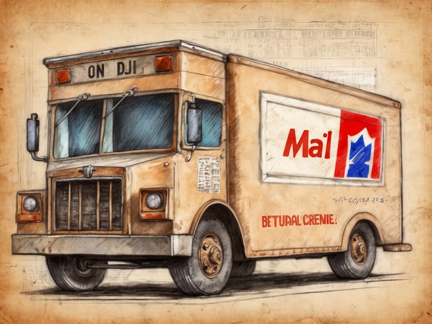 Ein älterer Lieferwagen mit der Aufschrift Mail in rot und blau auf einer cremefarbenen Karosserie. Der Wagen hat große Fenster und seitliche Spiegel. Die Front ist schlicht gestaltet mit einem tiefen Kühlergrill. Im Hintergrund sind skizzierte technische Zeichnungen und Notizen sichtbar. Wie lange braucht ein Brief nach Kanada.