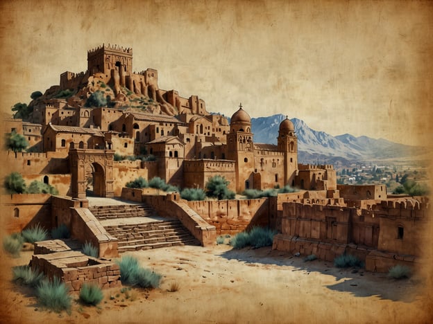 Auf dem Bild ist eine malerische, historische Landschaft mit einer antiken Festung oder Stadt zu sehen, die auf einem Gegenstand thront. Die Architektur zeigt charakteristische Merkmale vergangener Kulturen, möglicherweise aus dem arabischen oder mediterranen Raum, mit Steinhäusern und Türmen.Solche Orte sind oft kulturelle Schätze, die die Geschichte und Traditionen ihrer Region widerspiegeln. Eine Festung könnte als strategischer Punkt zur Verteidigung gedient haben und symbolisiert häufig Macht und Einfluss. Die sanfte umliegende Natur, kombiniert mit den Bauwerken, vermittelt ein Gefühl von Geschichte und der Verbundenheit der Menschen mit ihrer Umgebung, was in vielen Kulturellen Traditionen eine zentrale Rolle spielt.Diese Stätten sind oft auch mit Geschichten, Mythen und Traditionen verwoben, die von Generation zu Generation weitergegeben werden.